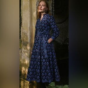 Pink City Prints Navy Dusk Buta Kerala Button Down‎ Dress, Size Medium